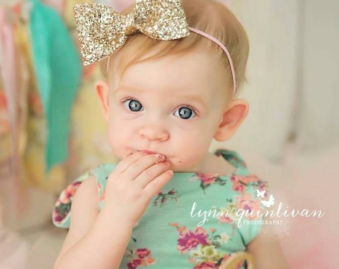 Glittery Gold Bow Headband | Gold Glitter Bow | Cake Smash Bow | Baby Bow | Sparkle Bow