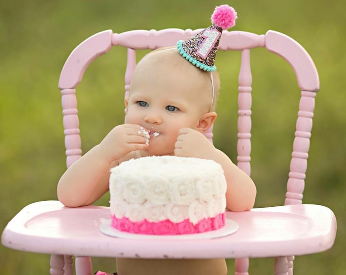 Glittery First Birthday Aqua and Pink Mini Party Hat Headband || 1st Birthday || Cake Smash