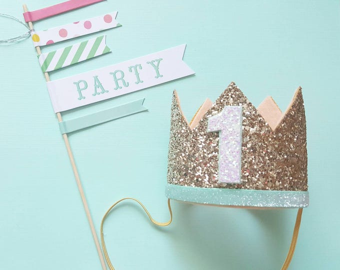 Birthday Crown || Peach, Mint and Gold Birthday || Gold Crown || Birthday Girl || First Birthday || Baby Crown || Birthday Girl