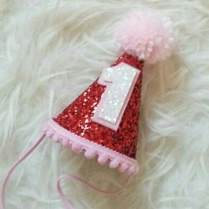 Glittery first birthday Mini Party Hats, Valentine&#39;s Day, Valentine&#39;s Birthday,  party hat, cakesmash, prop, red and gold