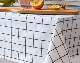 Raw White Black Plaid Linen Cotton Table Cloth, Wedding table overlays, Birthday party linens, Square tablecloth Extra large, oval table
