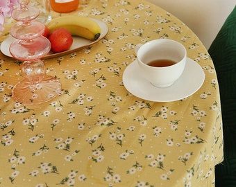 Yellow Floral Cotton Tablecloth with Lace Tassels, table linen