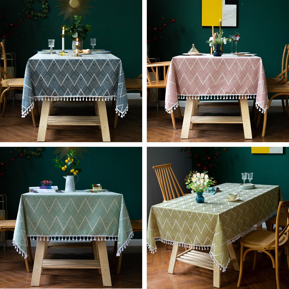 Vintage Jacquard Chevron Wave Tablecloth Dining Linen Cotton Table Cloth Tassels, Superposition de T
