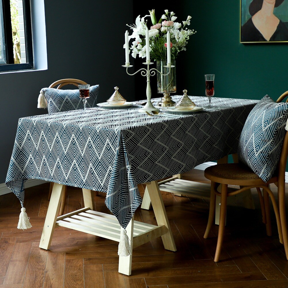 4 Couleurs Jacquard Chevron Zig Zag Nappe Lin Coton avec Glands, Superposition de Table, Linge Table