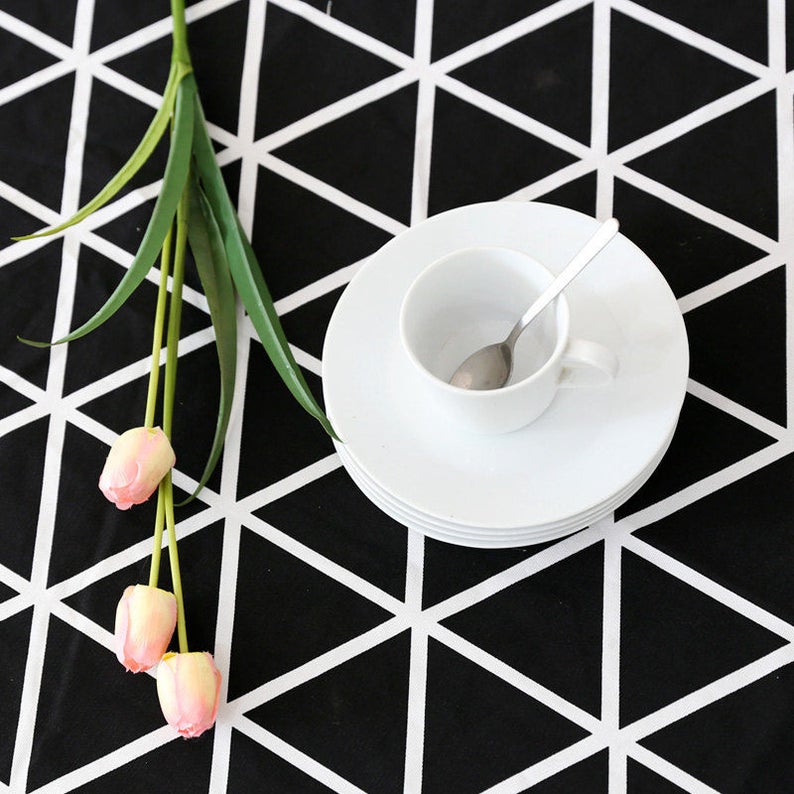 Tablecloth Geometric Black Grid Rectangle Square Round Children Dinner daily tablecloth,Party Kitchen Cotton Custommized table Runner,Pillow