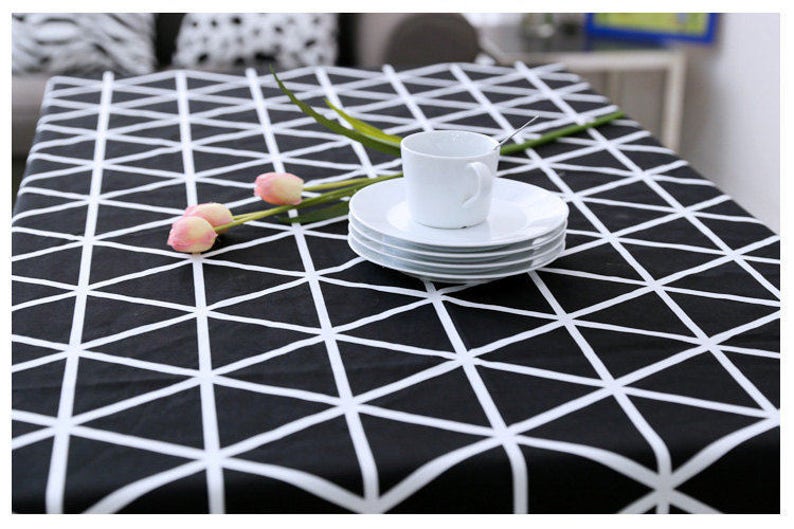 Tablecloth Geometric Black Grid Rectangle Square Round Children Dinner daily tablecloth,Party Kitchen Cotton Custommized table Runner,Pillow