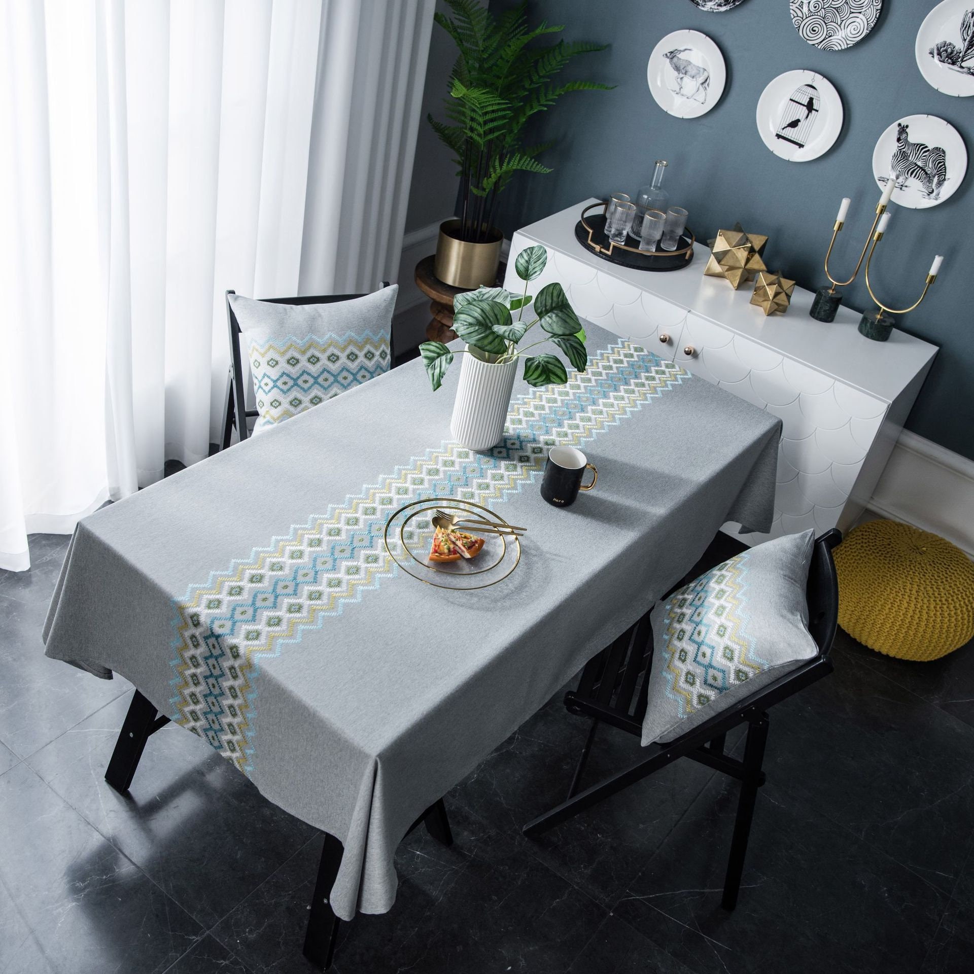 2 Couleurs Lin Coton Nappe Broderie Zig Zag, Superposition de Table, Linge Fête d'anniversaire, Carr