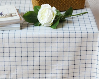 Raw White Blue Plaid Linen Cotton Tablecloth, Wedding Birthday Party Table Overlay