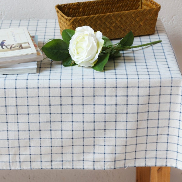 Raw White Blue Plaid Linen Cotton Table Cloth, Wedding table overlays, Birthday party linens, Square tablecloth Extra large, Tablecloth