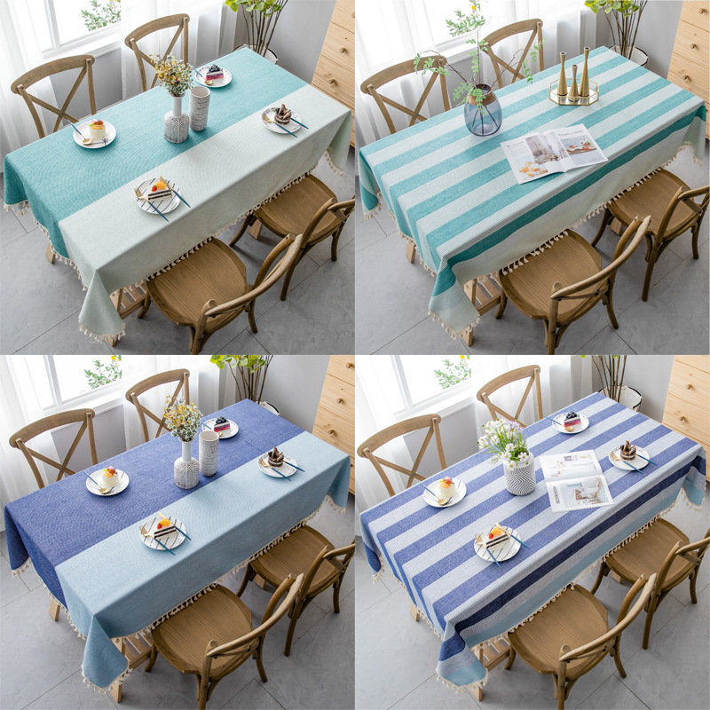 Bleu Menthe Mosaïque Bande Lin Coton Nappe avec Glands, Superposition de Table, Linge Table Rectangl