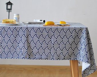Navy Linen Cotton Tablecloth, Vintage Style Dining Room Decor