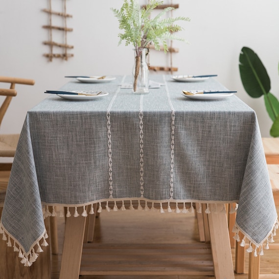Modern Grey Coffee Embroidery Stripe Tablecloth With Tassel Etsy