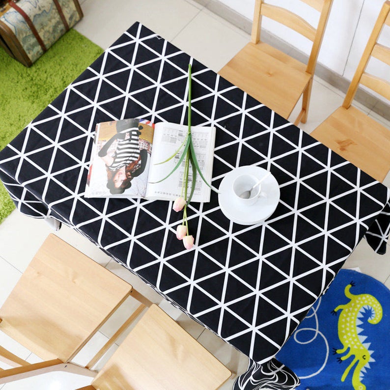 Tablecloth Geometric Black Grid Rectangle Square Round Children Dinner daily tablecloth,Party Kitchen Cotton Custommized table Runner,Pillow