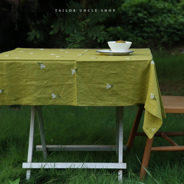 Green embroidery Flower Tablecloth, Cotton linen, table linens, Vintage Living room Daily Overlay, Square rectangle tablecloth, Lace tassels