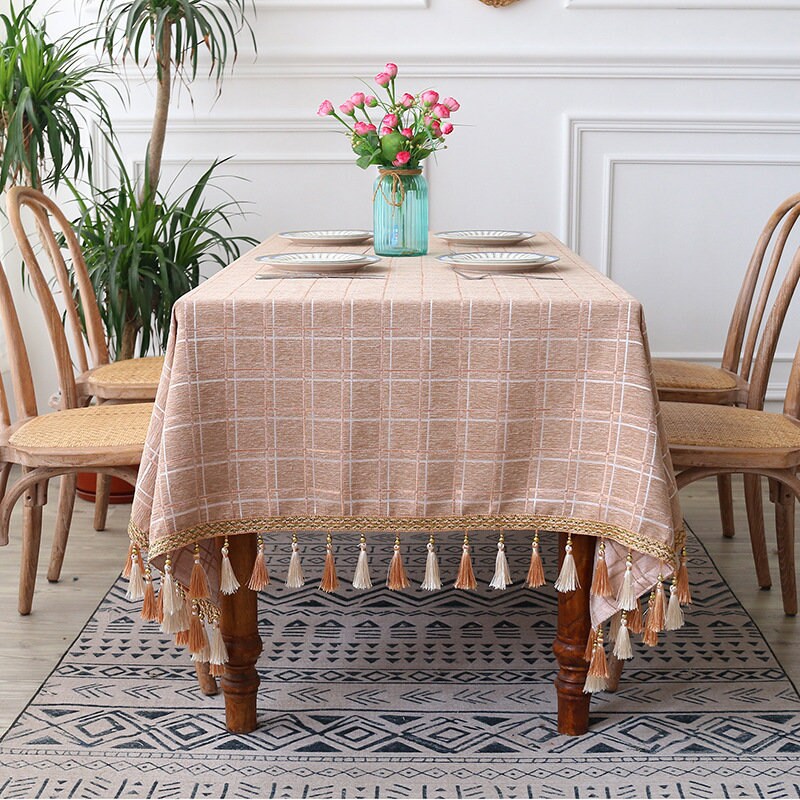 Nappe à Carreaux Carrée Jacquard avec Glands, Superpositions de Table Mariage, Mélange Coton Lavable