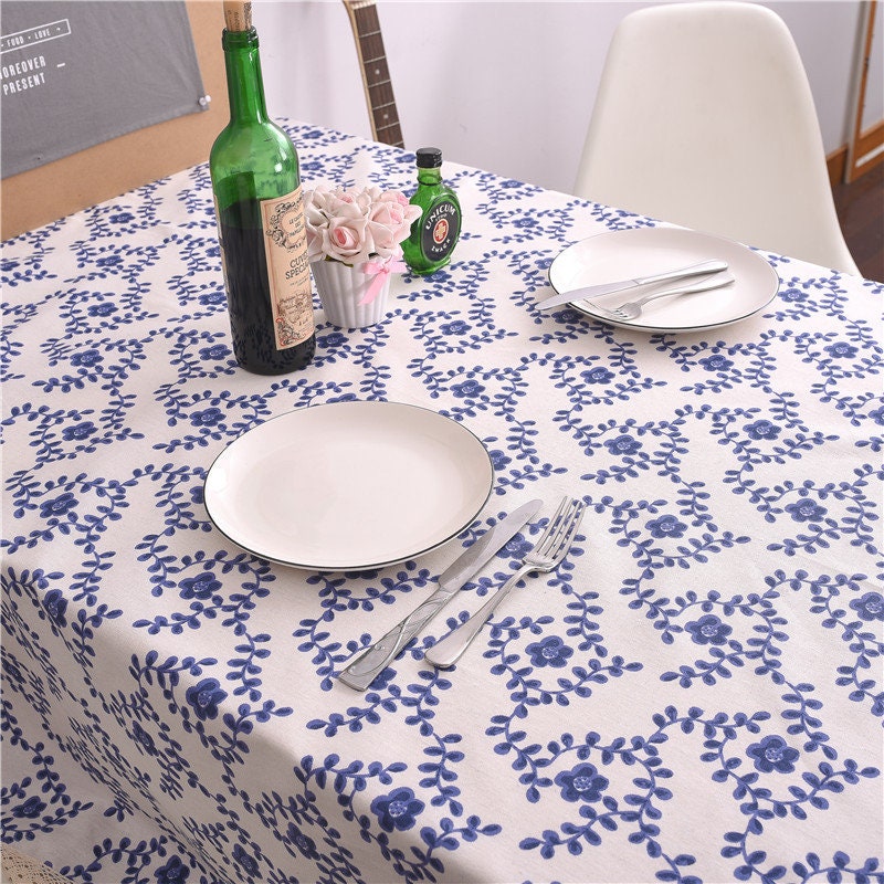 nappe, blue branch linen coton nappe, nappe décorative vintage, destk table basse superposition, nappe rectangle carré