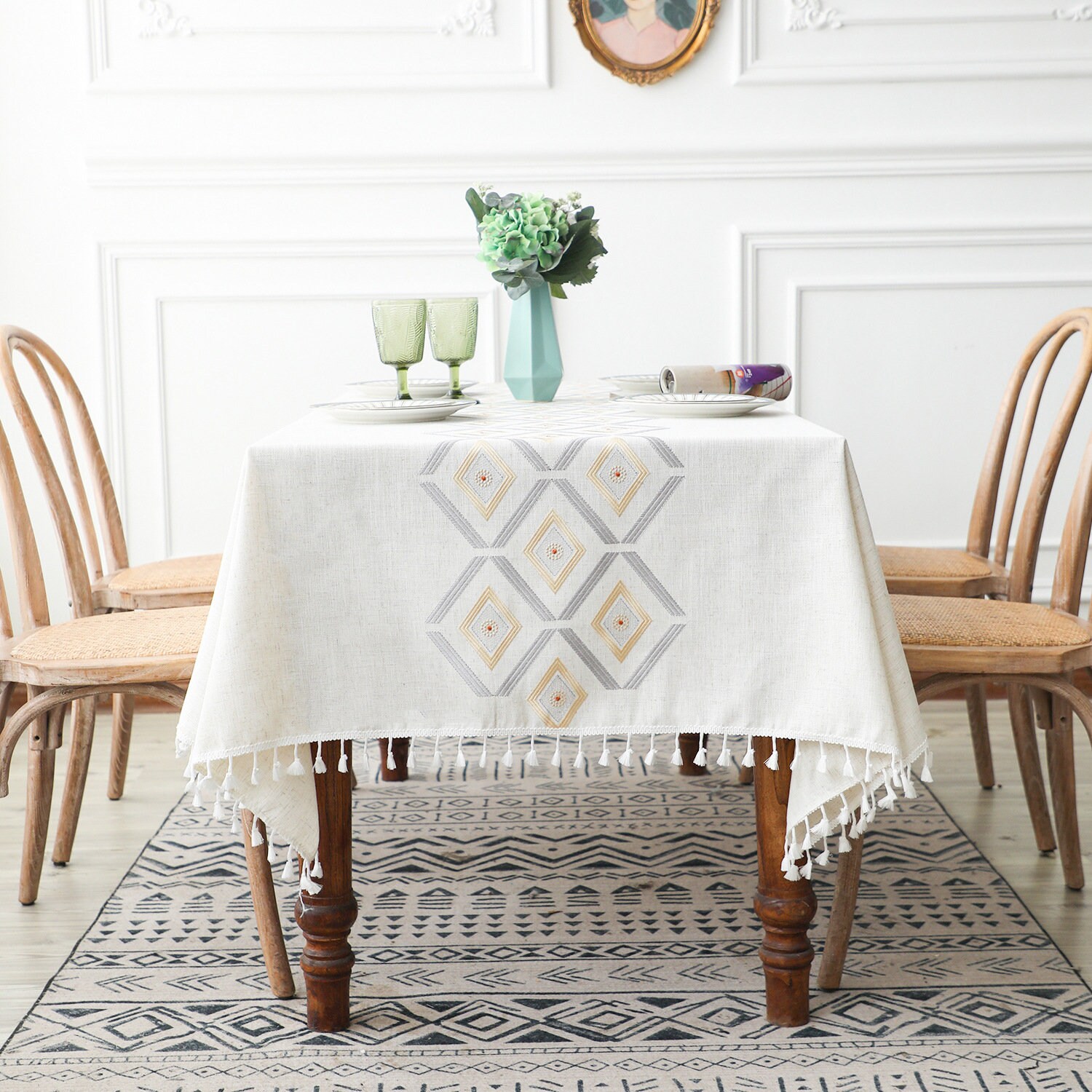 Cotton Blend Broderie Losange Table Runner Lin Nappe en Coton avec Gland Superposition de Table, Lin