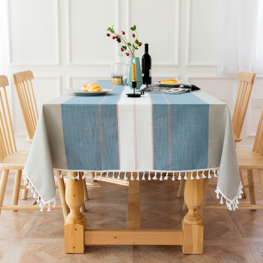 Nappe Rayée de Broderie Rose Bleu Moderne avec Superposition Carrée Table Gland, Linge Rectangle, Na