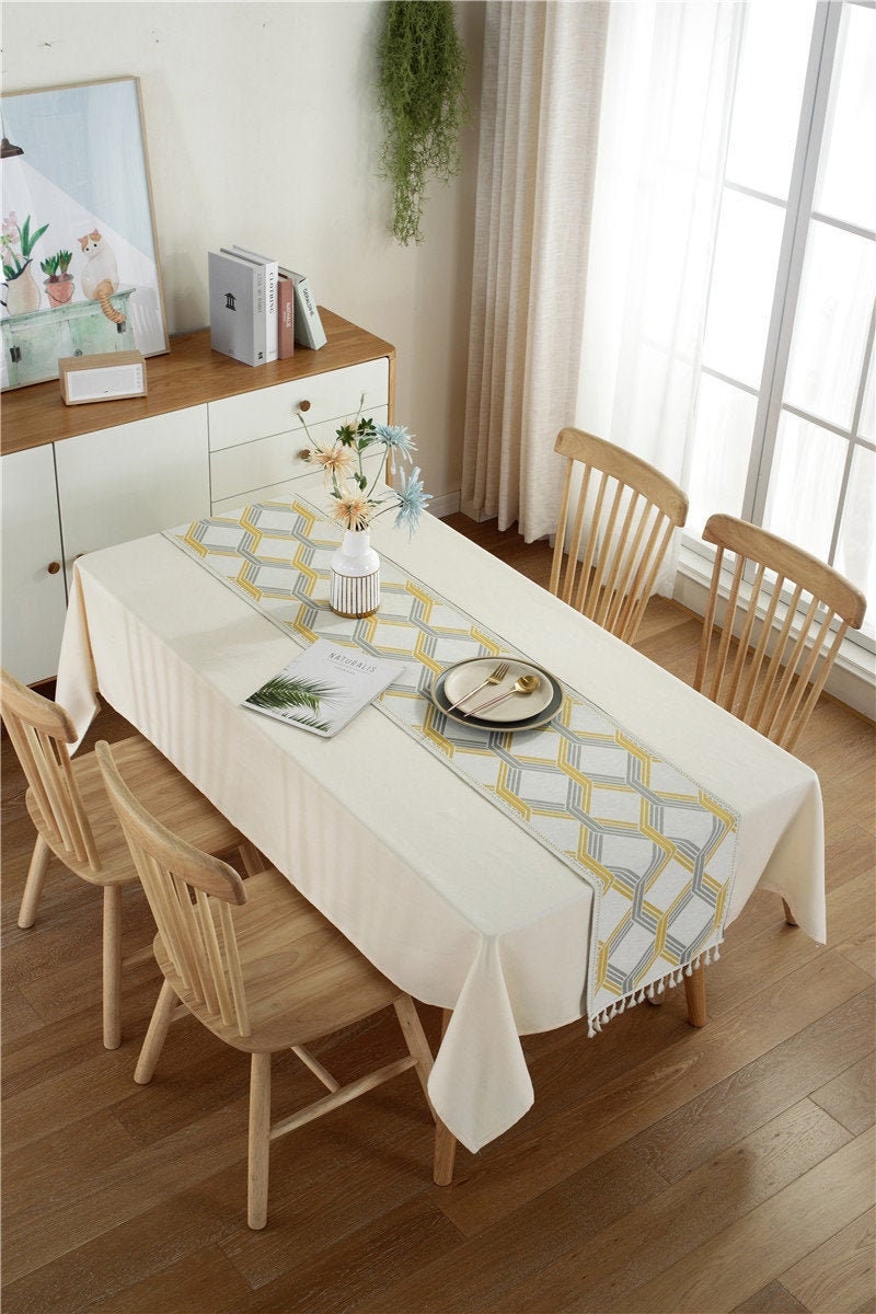 Rectangle Moderne Hexagone Jacquard Chenille Table Runner avec Gland, Farmhouse Runner, Centerpiece 