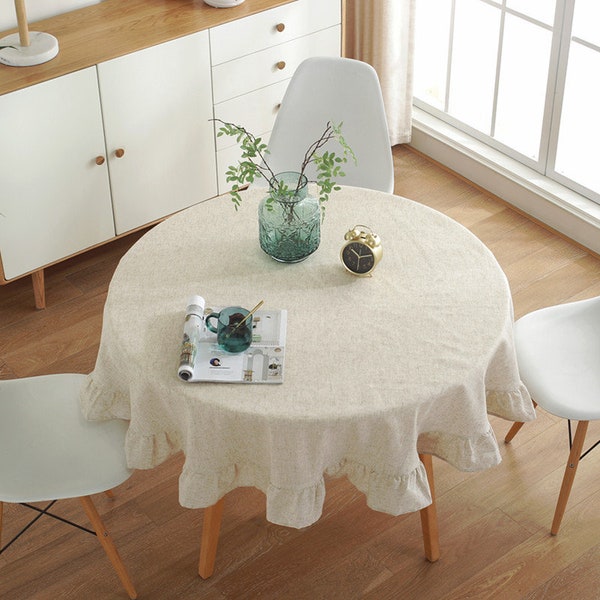 Tovaglia rotonda arricciata in lino, tovaglie rustiche in cotone e lino con bordo ondulato, tovaglia da pranzo, biancheria da tavola, stile moderno e semplice