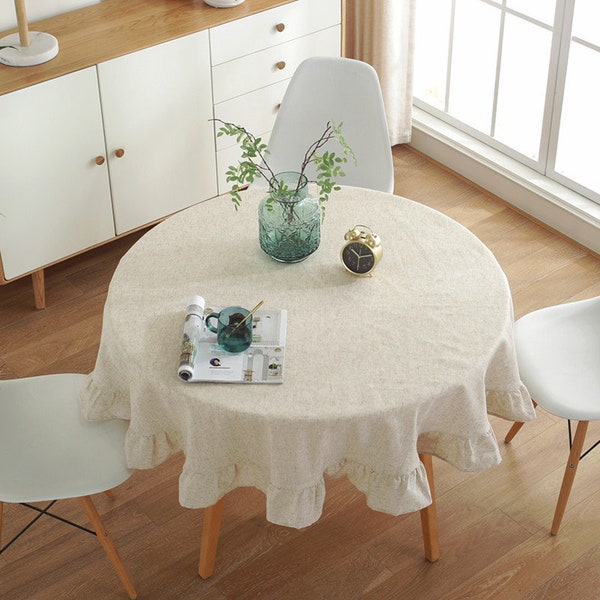 Nappe ronde ébouriffée Lin Rustique Coton Linge Lin Bord ondulé, Nappe à manger, Linge de table, Style moderne simple