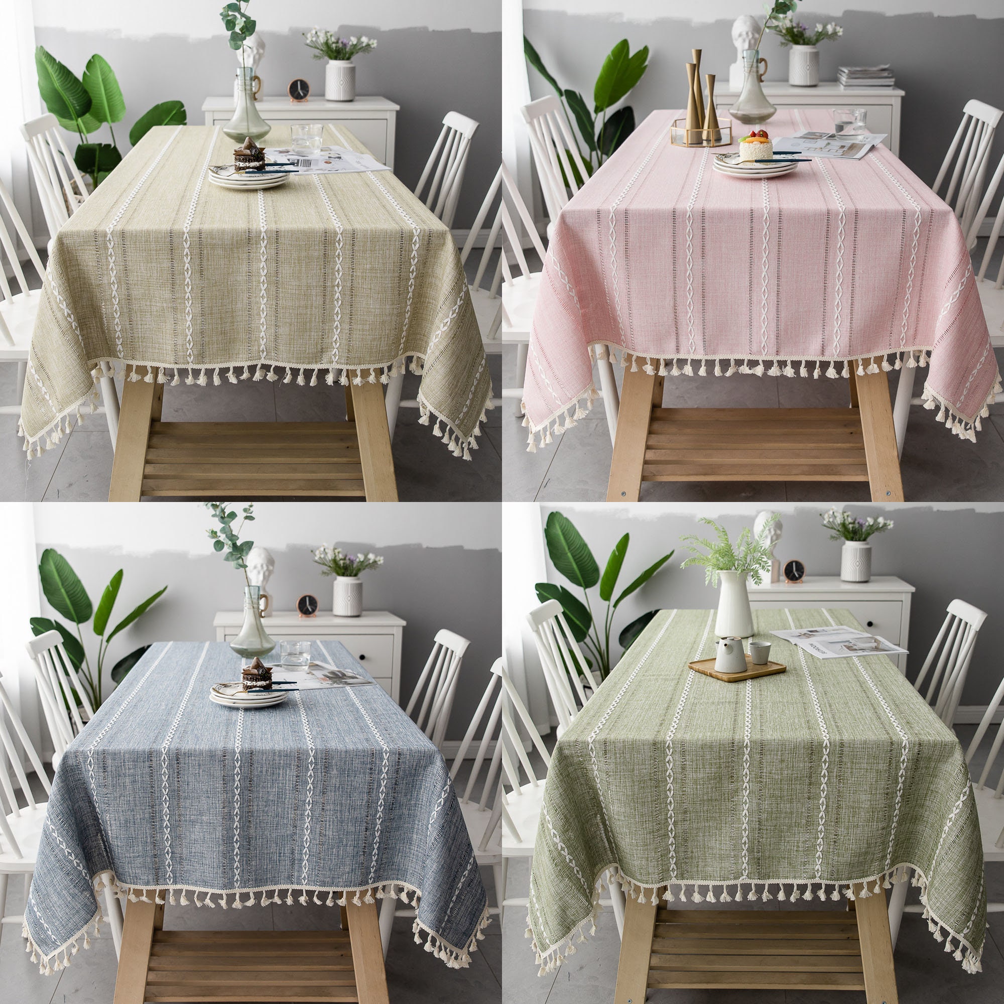 5 Couleurs Broderie Moderne Nappe Rayé avec Gland Carré Table Superposée, Linge de Table Rectangle, 