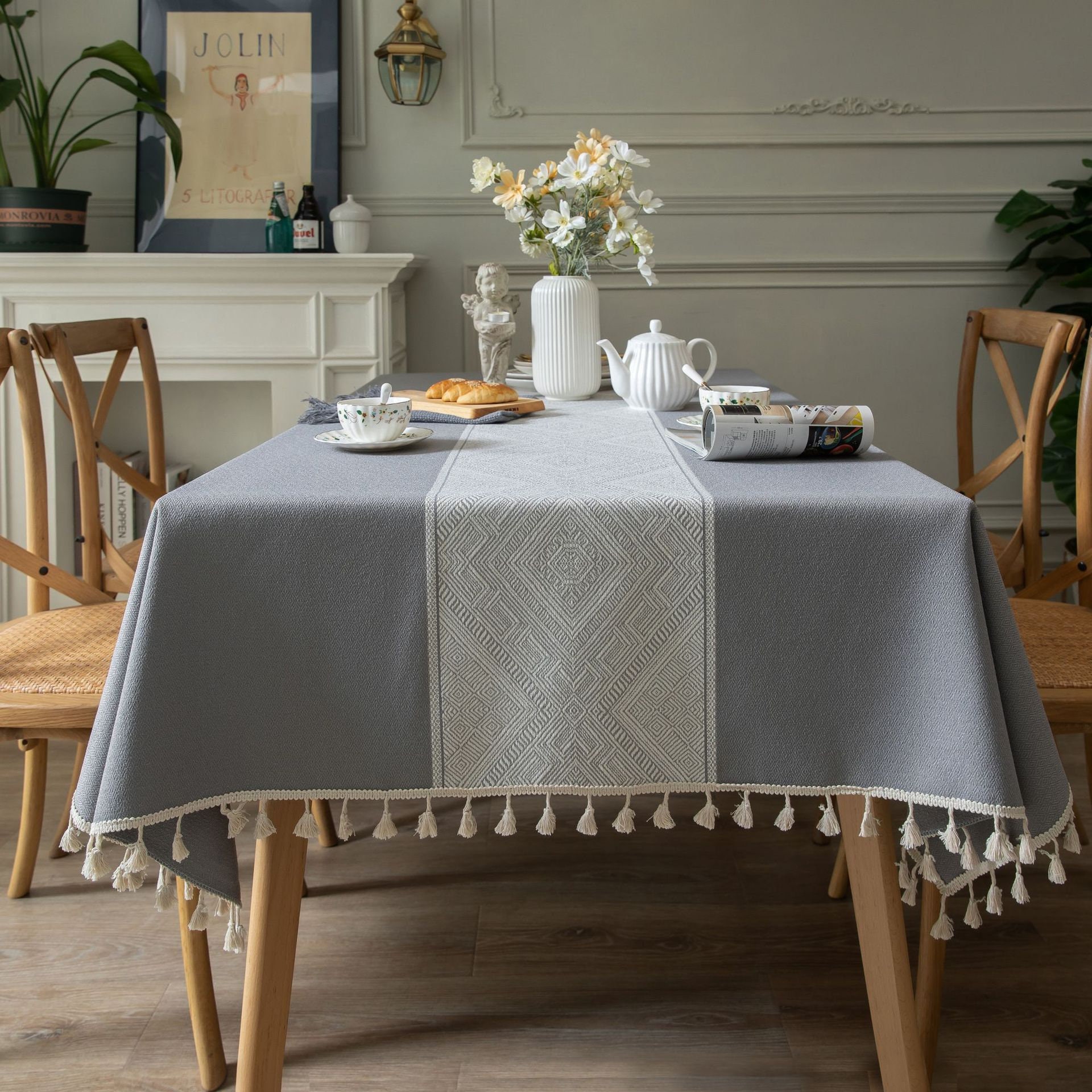 Tissu de Table Coton Lin Rhombus Noël avec Glands, Superpositions Table, Linge Nappe Coureuse Rectan