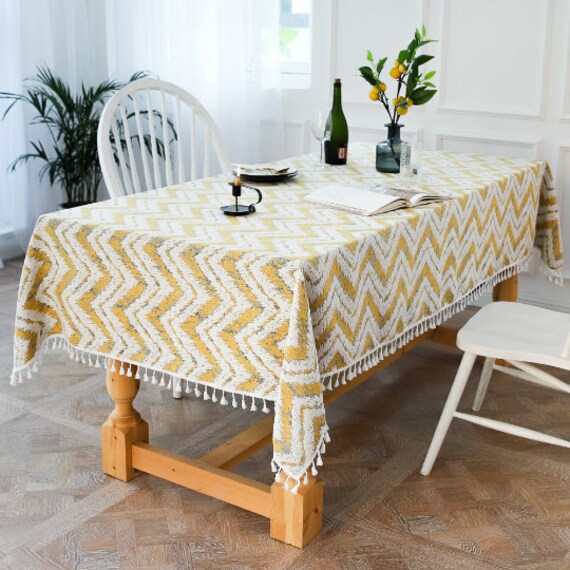 3 Couleurs Chevron Jacquard Linen Cotton Rectangle Nappe, Superposition de Table, Linge Fête, Nappe 