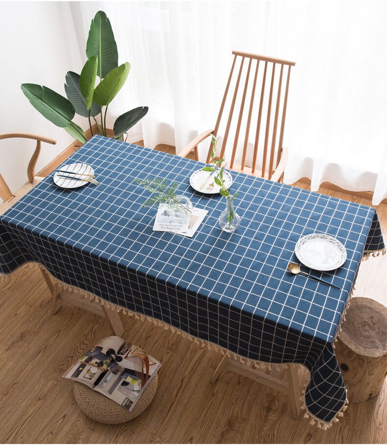 Bleu Foncé Jacquard Plaid Lin Coton Nappe , Superposition de Table, Linge Rectangle Carré