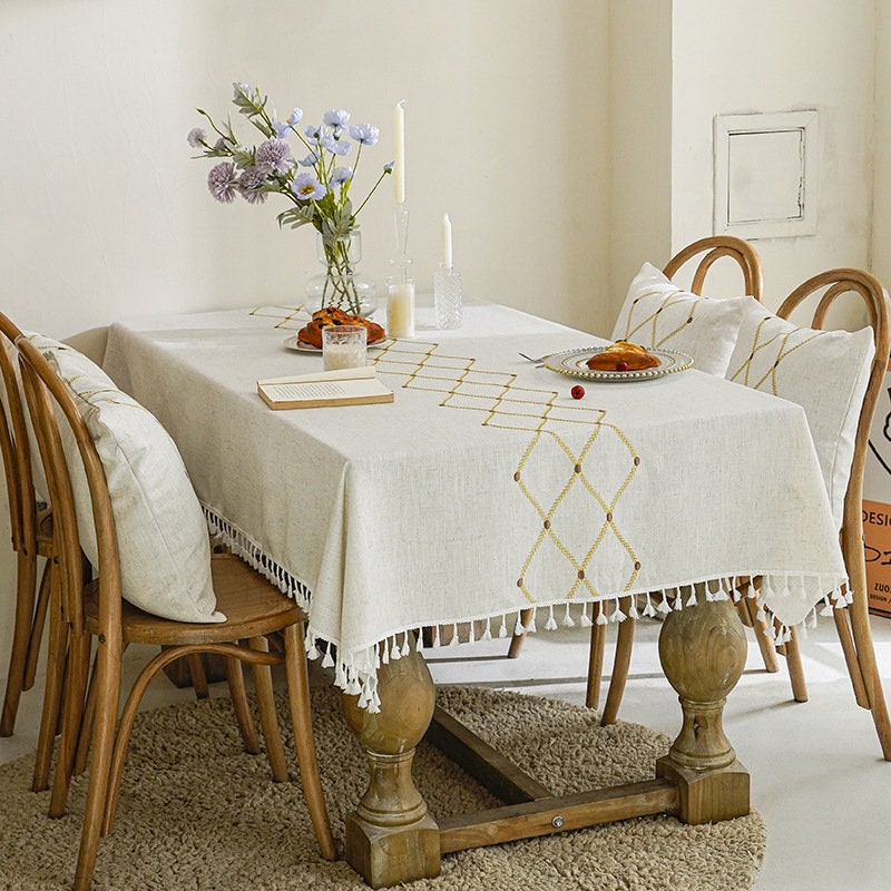 Broderie Imperméable à L'eau Rhombus Linge de Coton Tissu Table avec Glands, Superposition Conceptio