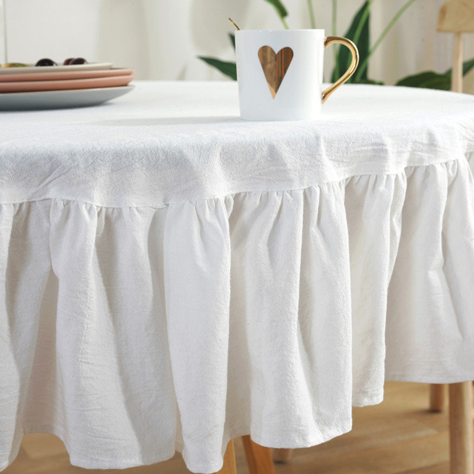 White Round Ruffled Tablecloth White Stone Washed Soft Cotton Etsy