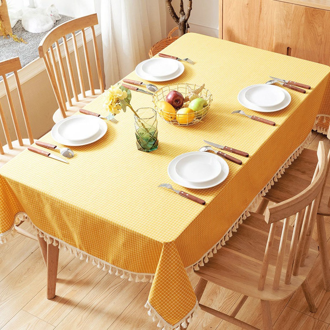 Green Yellow Plaid Linen Cotton Table Cloth with tassels Etsy