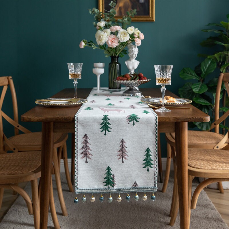 Moderne Jacquard de Noël Cerf et Arbre Table Runner, Ferme Centerpiece Decor