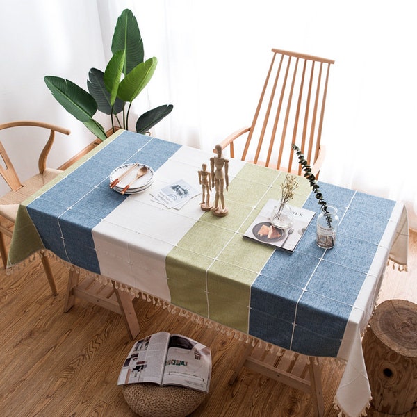 2 colors Mosaic Jacquard Plaid Linen Cotton Table Cloth with tassels, Dustproof Table overlay, Rectangle table linens, Square tablecloth