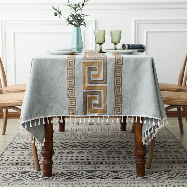 Modern Embroidery Greek Goddness Table Runner Linen Cotton Tablecloth with tassels, Table overlay, Rectangle table linens, Square tablecloth