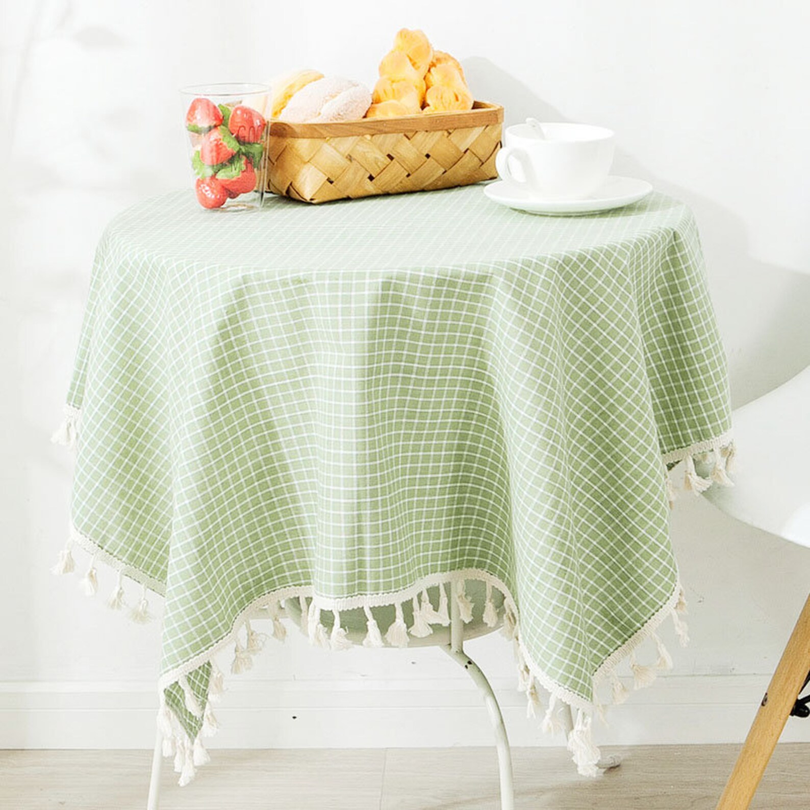 Green Yellow Plaid Linen Cotton Table Cloth With Tassels Etsy New Zealand