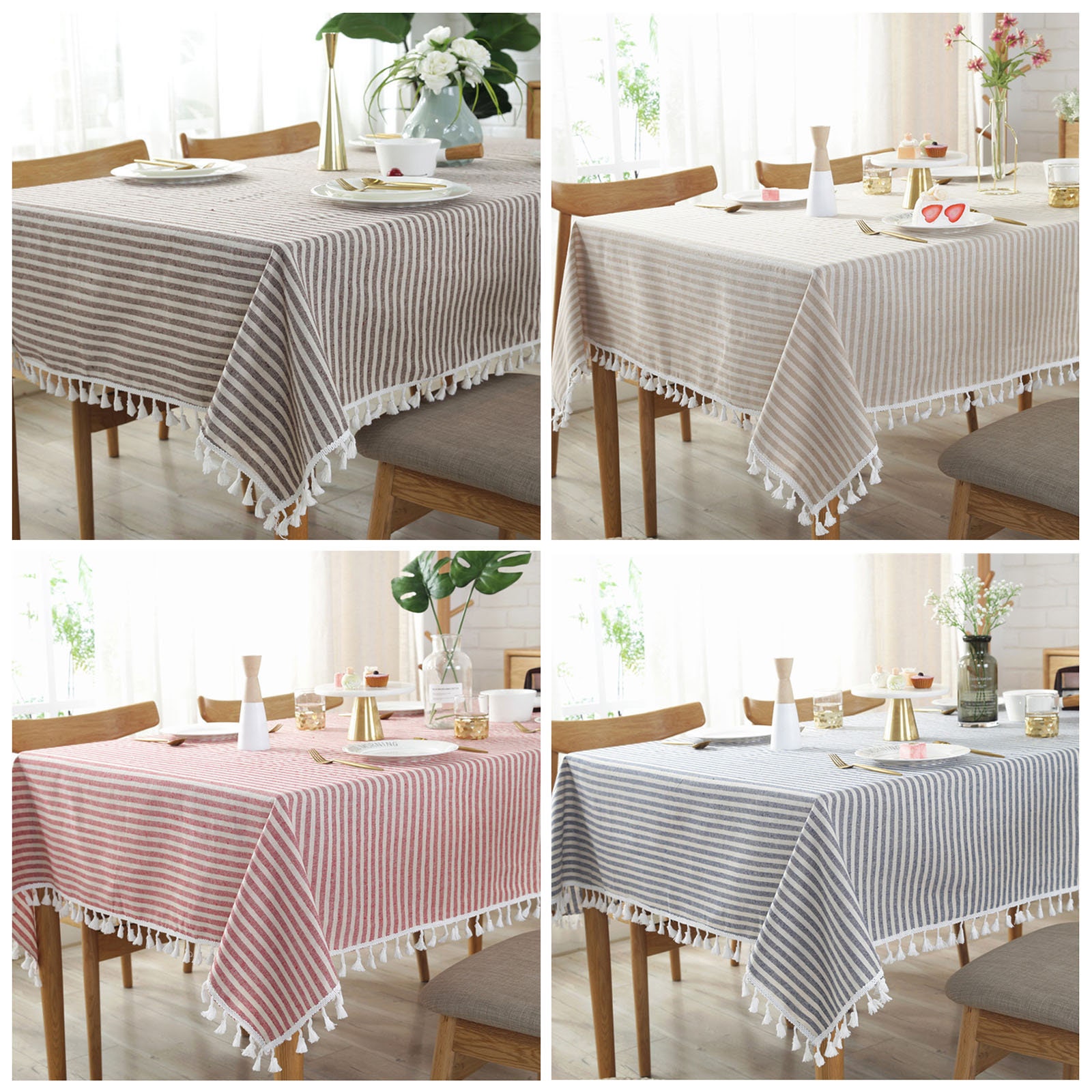 4 Couleurs Stripe Linen Cotton Table Cloth avec Glands, Superpositions de Table, Draps Fête d'annive