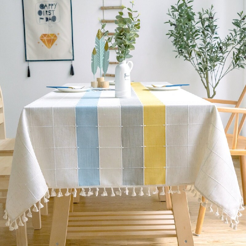 Morden Broderie Rectangle Plaid Lin Coton Nappe avec Gland, Superpositions de Table, Linge Fête d'an