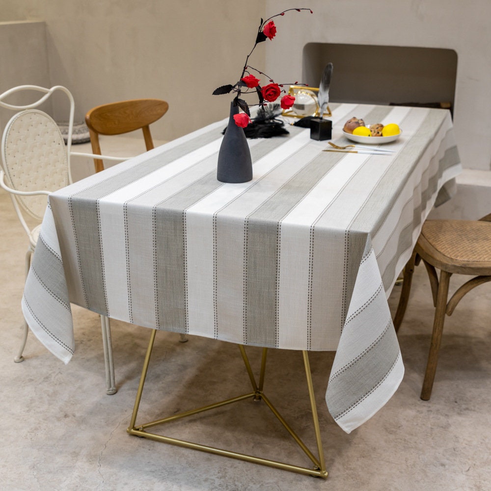 Moderne Nordic Gray Mosaic Toile à Rayures Teint en Fil avec Bord Ourlé Superposition de Table, Ling