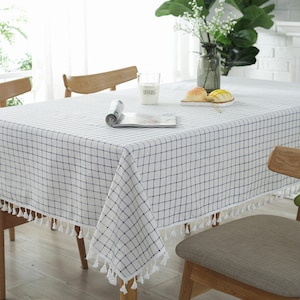 Raw White Blue Plaid Linen Cotton Table Cloth Tassel lace, Table overlays, Birthday party linens, Square tablecloth Extra large, Tablecloth