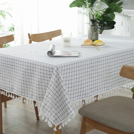 Raw White Blue Plaid Linen Cotton Table Cloth Tassel lace, Table overlays, Birthday party linens, Square tablecloth Extra large, Tablecloth