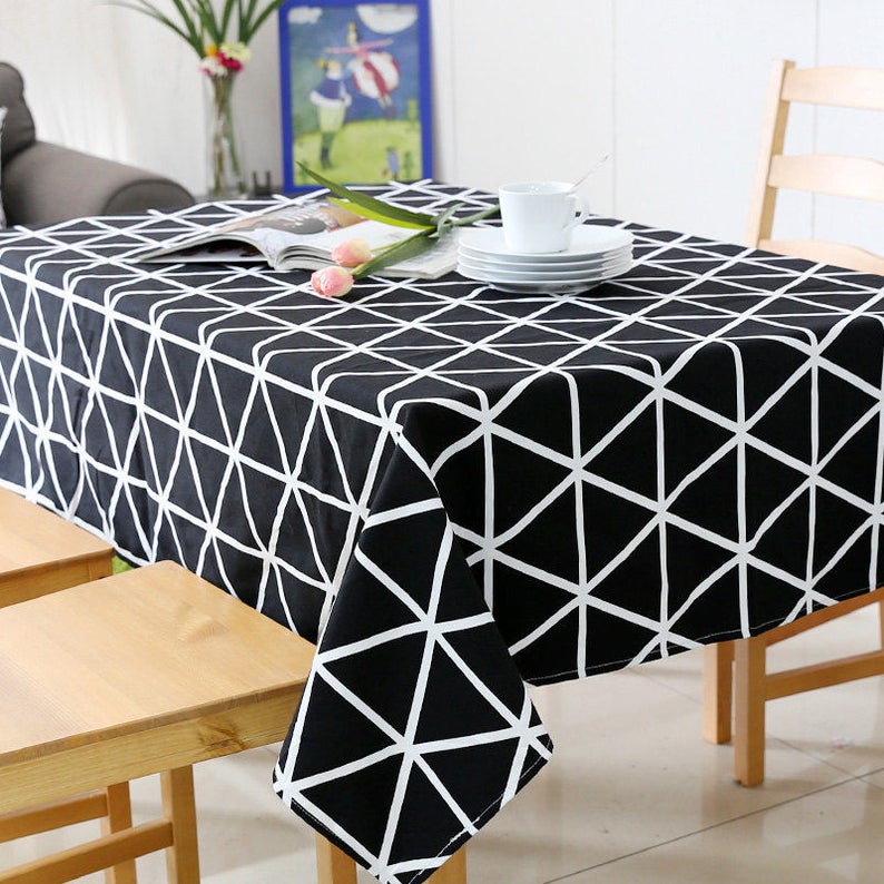 Tablecloth Geometric Black Grid Rectangle Square Round Children Dinner daily tablecloth,Party Kitchen Cotton Custommized table Runner,Pillow