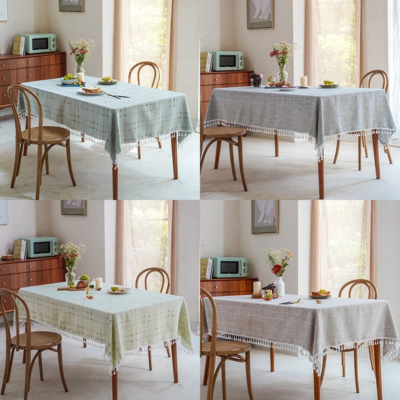 6 Couleurs Solide Jacquard Plaid Vérifier Lin Nappe avec Glands, Superposition de Table, Linge Table