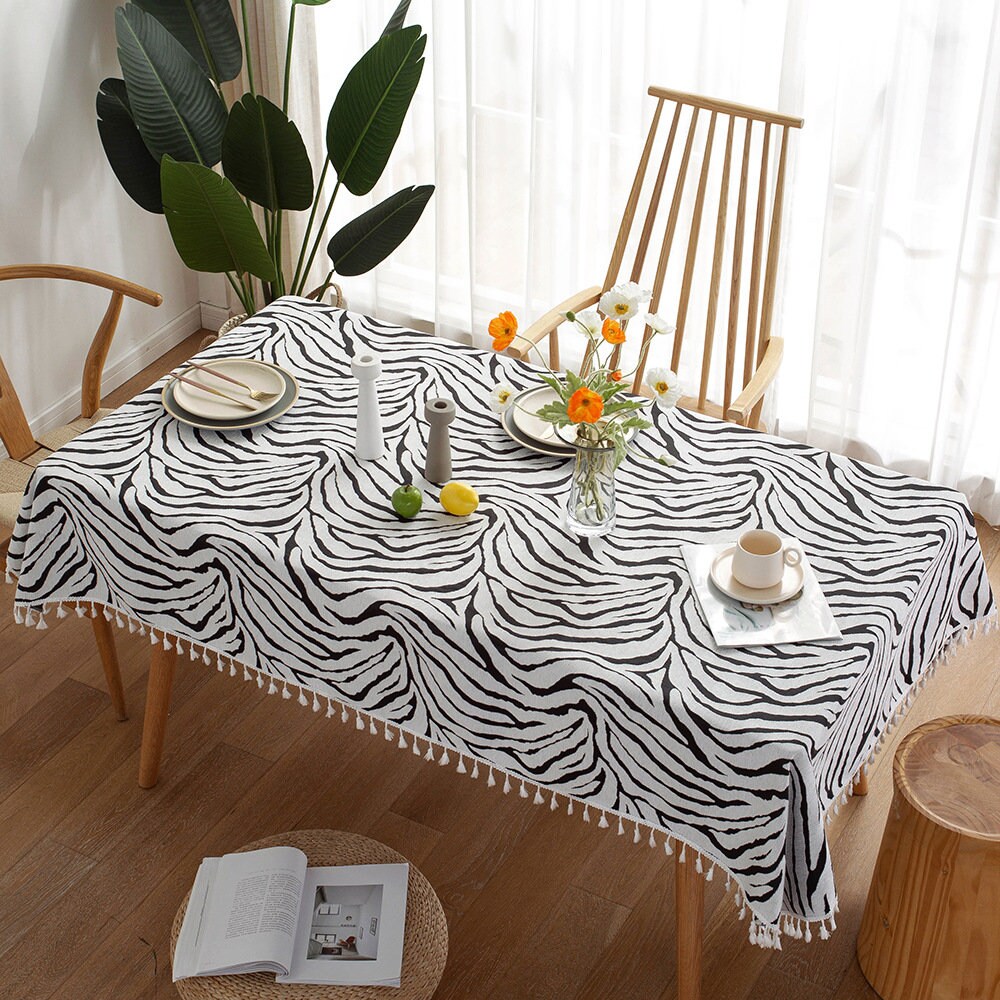 Jacquard Zebra Linge Coton Nappe avec Glands, Superpositions de Table Basse, Fête d'anniversaire, Ca