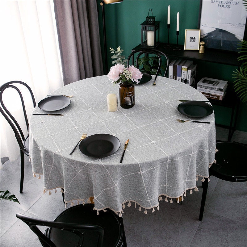 2 Couleurs Extra Large Round Plaid Style Broderie Jacquard Check Nappe avec Gland, Superposition de 