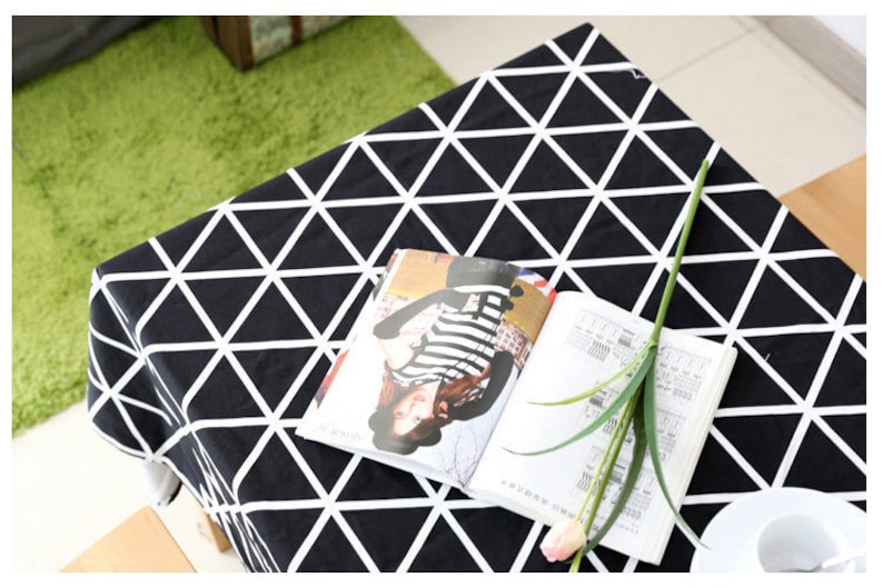 Tablecloth Geometric Black Grid Rectangle Square Round Children Dinner daily tablecloth,Party Kitchen Cotton Custommized table Runner,Pillow