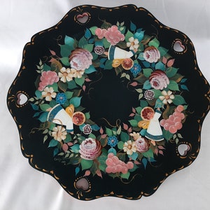 14&quot; Hand Painted Norwegian Rosemaling Wooden plate Valdres Style Angels and Flowers Signed Mint Condition