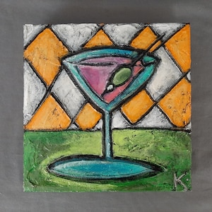Original Martini Glass Painting “ Blue Cheese Stuffed Olives” Signed Kevin Acrylic Impasto Painting Bar Decor