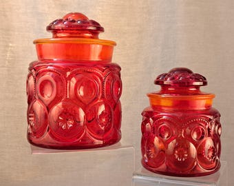 L.E. Smith Amberina Glass Canisters featuring the Moon and Stars pattern Set of 2