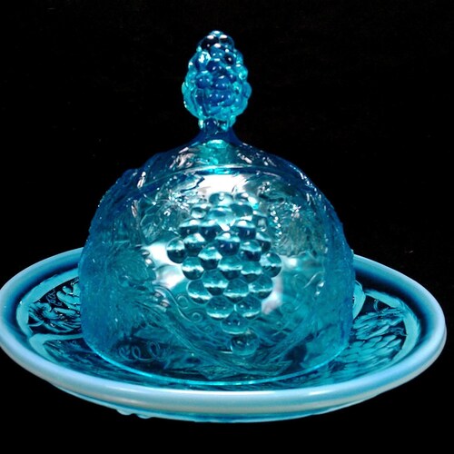 Rare Palm Beach Blue Opalescent Round Covered Butter Dish by U.S. Glass Co. with Grape Vine shops Pattern Ca 1905